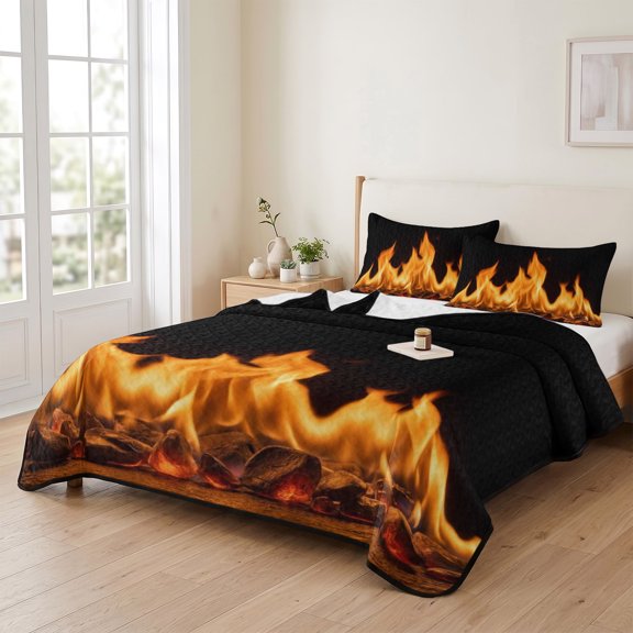 king Quilt Bedding Set, Abstract Orange Flame on Black Lightweight Coverlet Summer Comforter Set Soft Microfiber Bedspread, Flickering Fire Pattern 3 Piece Quilt Set with 2 Pillow Shams
