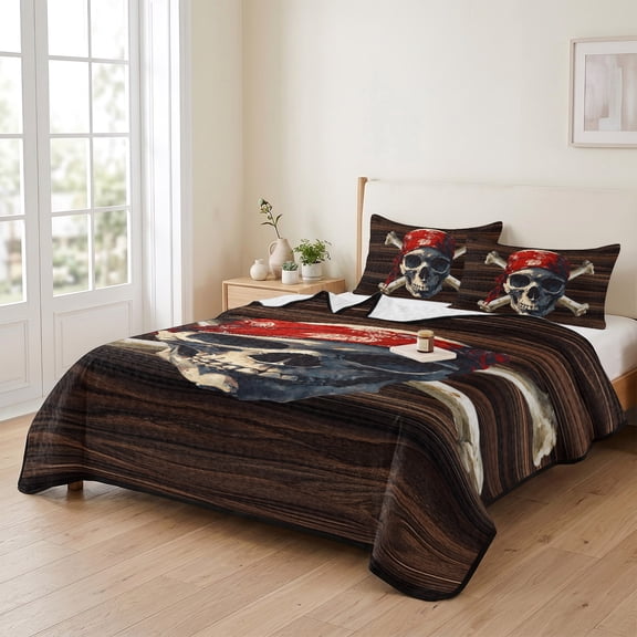 king Quilt Bedding Set, Abstract Punk Pirate Skull Lightweight Coverlet Summer Comforter Set Soft Microfiber Bedspread, Crossbones on Brown Wood Board 3 Piece Quilt Set with 2 Pillow Shams