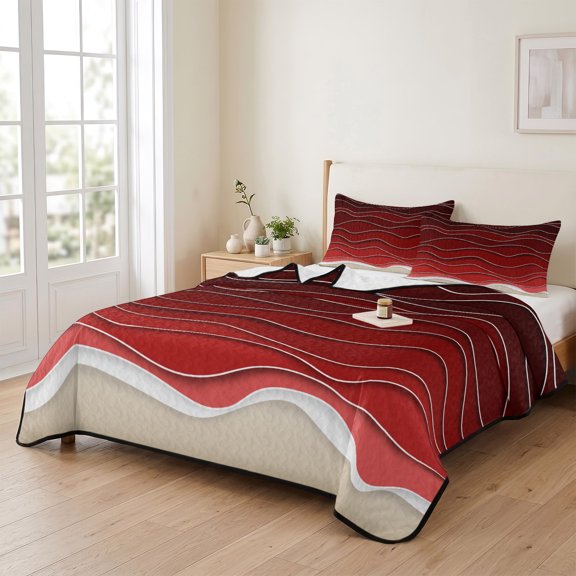 king Quilt Bedding Set, Abstract Red Gradient Ocean Waves Lightweight Coverlet Summer Comforter Set Soft Microfiber Bedspread, Nautical Beach Sea Surface 3 Piece Quilt Set with 2 Pillow Shams