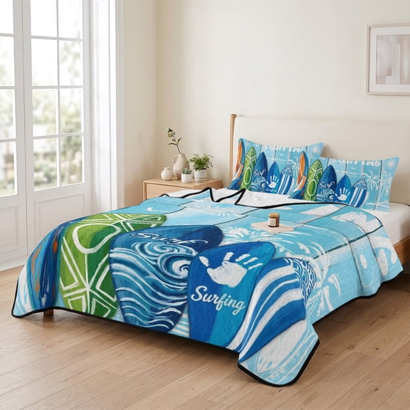 king Quilt Bedding Set, Abstract Surfboard Summer Surfing Palm Tree Lightweight Coverlet Summer Comforter Set Soft Microfiber Bedspread, Blue Wood Grain 3 Piece Quilt Set with 2 Pillow Shams