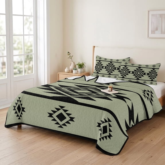 king Quilt Bedding Set, Abstract Traditional Trial on Light Green Lightweight Coverlet Summer Comforter Set Soft Microfiber Bedspread, Retro Geometric Style 3 Piece Quilt Set with 2 Pillow Shams