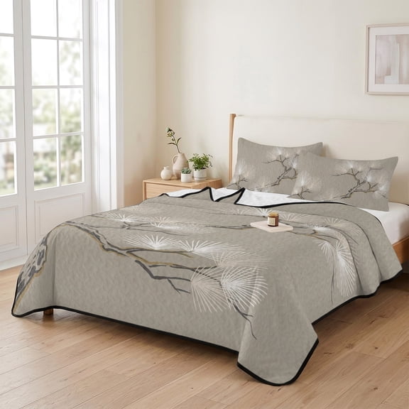 king Quilt Bedding Set, Abstract Tree Ink Lines Lightweight Coverlet Summer Comforter Set Soft Microfiber Bedspread, Oriental Zen Style 3 Piece Quilt Set with 2 Pillow Shams All Seasons Use