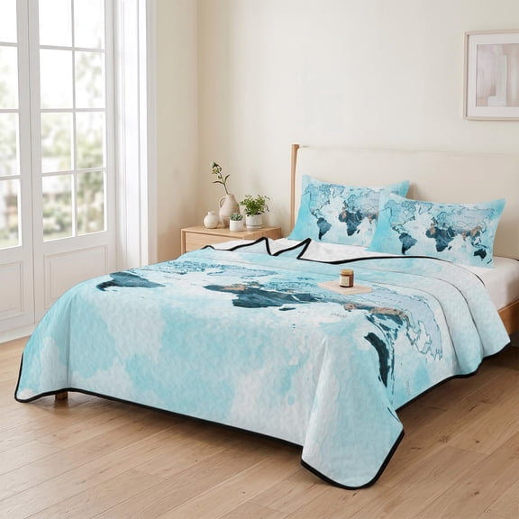 king Quilt Bedding Set, Abstract World Map Lightweight Coverlet Summer Comforter Set Soft Microfiber Bedspread, Teal Blue Gradient 3 Piece Quilt Set with 2 Pillow Shams All Seasons Use