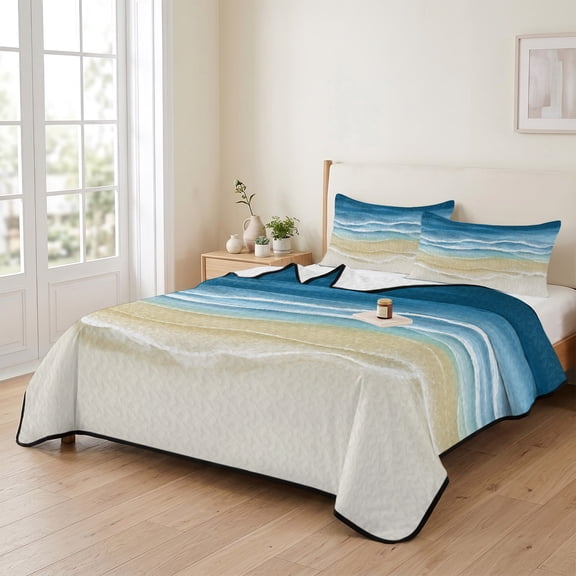 king Quilt Bedding Set, Abstracts Ocean Wave Gradient Stripe Lightweight Coverlet Summer Comforter Set Soft Microfiber Bedspread, Navy Blue Brown Beach 3 Piece Quilt Set with 2 Pillow Shams