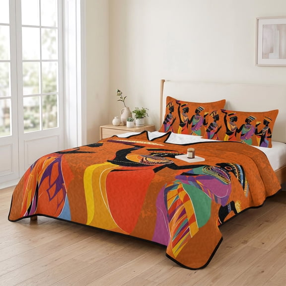 king Quilt Bedding Set, African Black Woman Ethnic Style Lightweight Coverlet Summer Comforter Set Soft Microfiber Bedspread, Retro Orange Gradient 3 Piece Quilt Set with 2 Pillow Shams