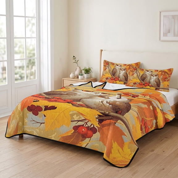 king Quilt Bedding Set, Autumn Owl Couple on Branch Lightweight Coverlet Summer Comforter Set Soft Microfiber Bedspread, Fall Maple Leaves Red Berry 3 Piece Quilt Set with 2 Pillow Shams