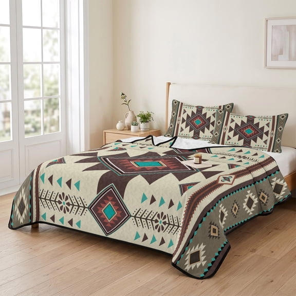 king Quilt Bedding Set, Aztec Tribal Ethnic Style Lightweight Coverlet Summer Comforter Set Soft Microfiber Bedspread, Retro Brown Geometric 3 Piece Quilt Set with 2 Pillow Shams All Seasons Use