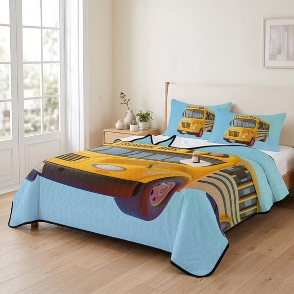 king Quilt Bedding Set, Back-to-school Season Lightweight Coverlet Summer Comforter Set Soft Microfiber Bedspread, Yellow School Bus 3 Piece Quilt Set with 2 Pillow Shams All Seasons Use