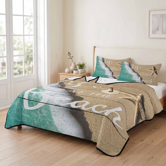 king Quilt Bedding Set, Beach Life Seaside Starfish Sea Water Lightweight Coverlet Summer Comforter Set Soft Microfiber Bedspread, Sand Coastal Nautical Theme 3 Piece Quilt Set with 2 Pillow Shams