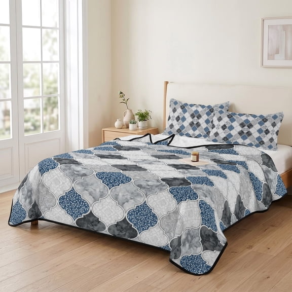 king Quilt Bedding Set, Blue Black Gray Moroccan Pattern Lightweight Coverlet Summer Comforter Set Soft Microfiber Bedspread, Quatrefoil Medallion 3 Piece Quilt Set with 2 Pillow Shams