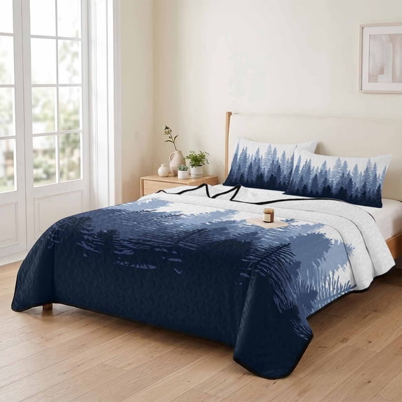 king Quilt Bedding Set, Blue Gradient Forest Lightweight Coverlet Summer Comforter Set Soft Microfiber Bedspread, Pine Tree Shadow on White 3 Piece Quilt Set with 2 Pillow Shams All Seasons Use