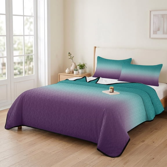 king Quilt Bedding Set, Blue Purple Turquoise Gradient Lightweight Coverlet Summer Comforter Set Soft Microfiber Bedspread, Ombre Art 3 Piece Quilt Set with 2 Pillow Shams All Seasons Use