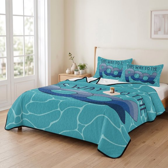 king Quilt Bedding Set, Blue Water Ripples Lightweight Coverlet Summer Comforter Set Soft Microfiber Bedspread, Gradient This Way to The Pool 3 Piece Quilt Set with 2 Pillow Shams All Seasons Use