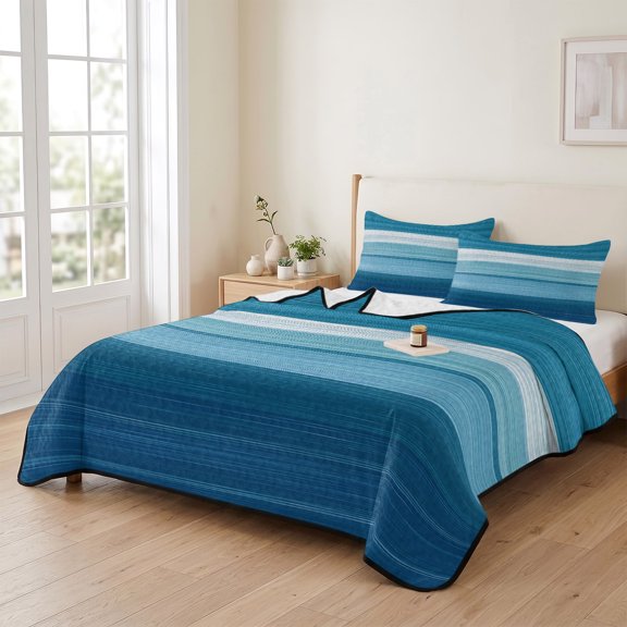 king Quilt Bedding Set, Blue White Gradient Ocean Wave Lightweight Coverlet Summer Comforter Set Soft Microfiber Bedspread, Abstract Geometric Line 3 Piece Quilt Set with 2 Pillow Shams