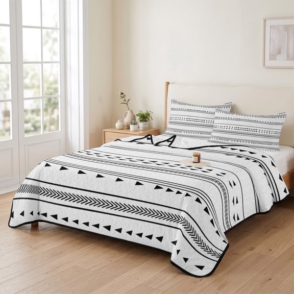 king Quilt Bedding Set, Bohemian Ethnic Triangle Plaid Stripes Lightweight Coverlet Summer Comforter Set Soft Microfiber Bedspread, Black Arrow Lines 3 Piece Quilt Set with 2 Pillow Shams