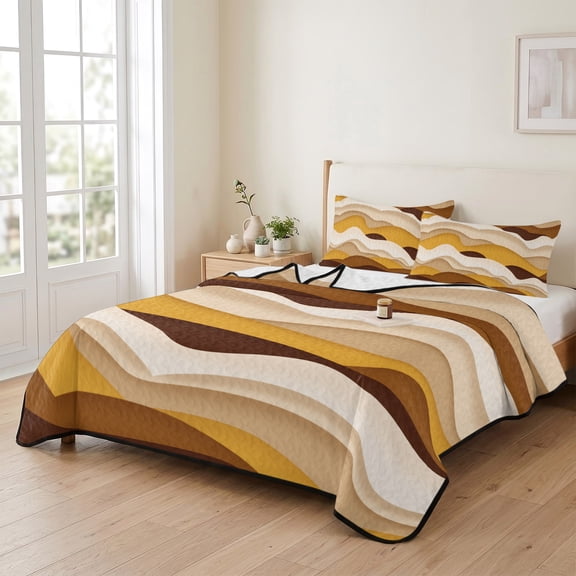 king Quilt Bedding Set, Brown Orange Gradient Waves Lightweight Coverlet Summer Comforter Set Soft Microfiber Bedspread, Ocean Spray 3 Piece Quilt Set with 2 Pillow Shams All Seasons Use