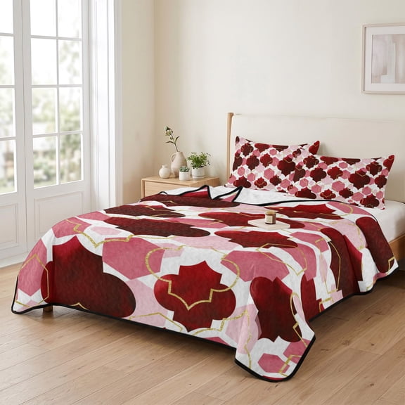 king Quilt Bedding Set, Burgundy Red Moroccan Texture Lightweight Coverlet Summer Comforter Set Soft Microfiber Bedspread, Retro Geometric Pattern 3 Piece Quilt Set with 2 Pillow Shams