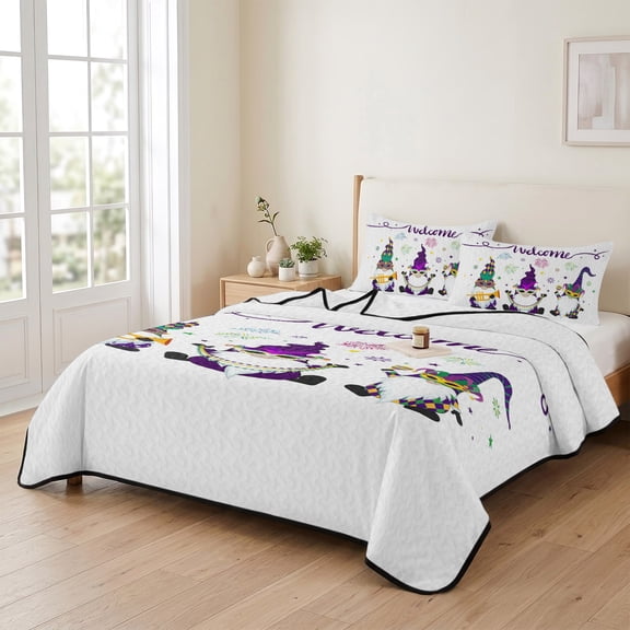 king Quilt Bedding Set, Carnival Festival Funny Gnomes Celebration Lightweight Coverlet Summer Comforter Set Soft Microfiber Bedspread, White 3 Piece Quilt Set with 2 Pillow Shams All Seasons Use