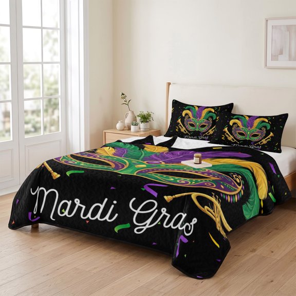 king Quilt Bedding Set, Carnival Mask Feather Trumpet Lightweight Coverlet Summer Comforter Set Soft Microfiber Bedspread, Celebration Ribbon on Black 3 Piece Quilt Set with 2 Pillow Shams