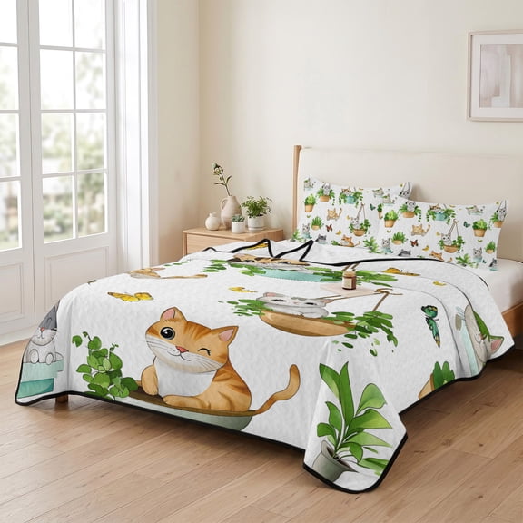 king Quilt Bedding Set, Cartoon Cat Funny Animal Lightweight Coverlet Summer Comforter Set Soft Microfiber Bedspread, Butterfly Green Leaf Pot Plant 3 Piece Quilt Set with 2 Pillow Shams