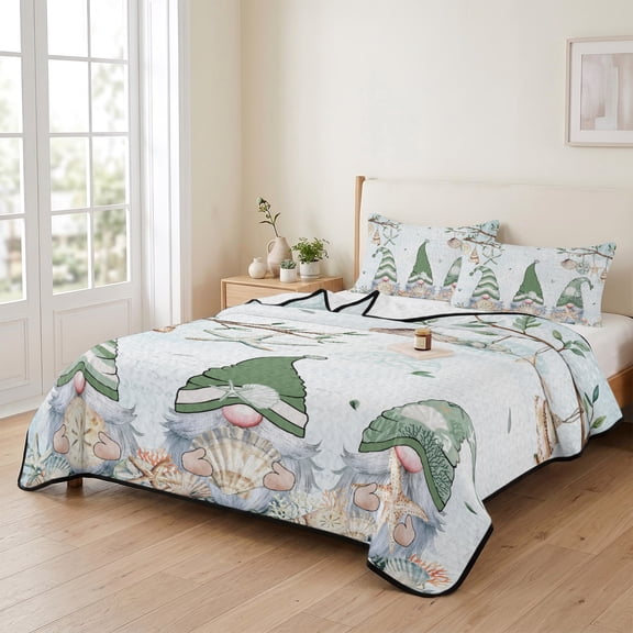 king Quilt Bedding Set, Cartoon Gnome Starfish Sand Money Lightweight Coverlet Summer Comforter Set Soft Microfiber Bedspread, Summer Ocean Shell 3 Piece Quilt Set with 2 Pillow Shams All Seasons Use