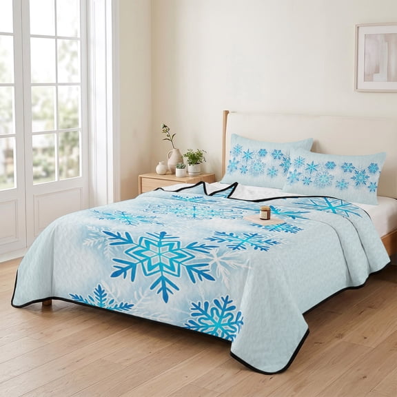 king Quilt Bedding Set, Christmas Abstract Blue Snowflakes Lightweight Coverlet Summer Comforter Set Soft Microfiber Bedspread, Winter Snow Scene 3 Piece Quilt Set with 2 Pillow Shams All Seasons Use