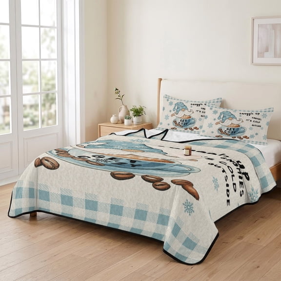 king Quilt Bedding Set, Christmas Caffe Latte Dwarf Lightweight Coverlet Summer Comforter Set Soft Microfiber Bedspread, Winter Snow Retro Linen Plaid 3 Piece Quilt Set with 2 Pillow Shams