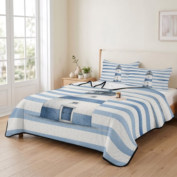 king Quilt Bedding Set, Coastal Nautical Lighthouse Lightweight Coverlet Summer Comforter Set Soft Microfiber Bedspread, Summer Ocean Blue Line 3 Piece Quilt Set with 2 Pillow Shams All Seasons Use