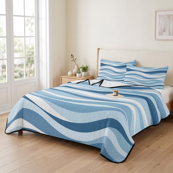 king Quilt Bedding Set, Coastal Ocean Wave Stripe Lightweight Coverlet Summer Comforter Set Soft Microfiber Bedspread, Modern Navy Blue Gradient Line 3 Piece Quilt Set with 2 Pillow Shams