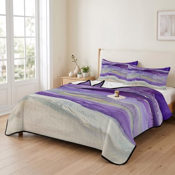 king Quilt Bedding Set, Coastal Purple Gradient Wave on Beach Lightweight Coverlet Summer Comforter Set Soft Microfiber Bedspread, Abstract Ocean Seaside Art 3 Piece Quilt Set with 2 Pillow Shams