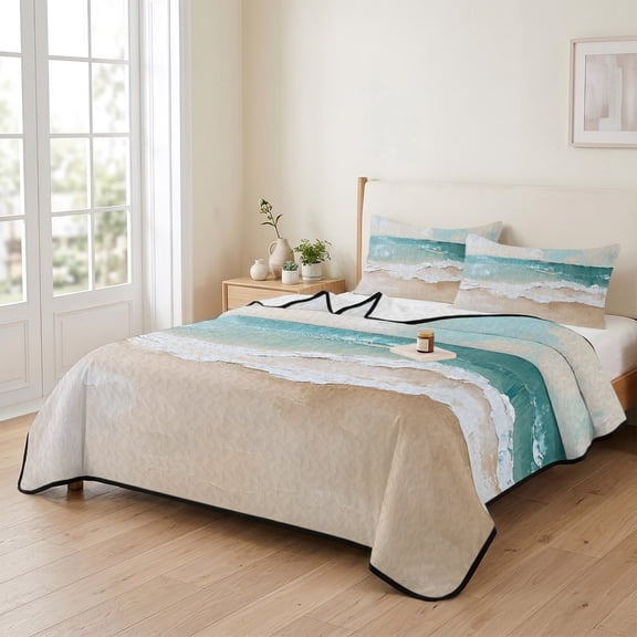 king Quilt Bedding Set, Coastal Teal Green Ocean Waves Lightweight Coverlet Summer Comforter Set Soft Microfiber Bedspread, Abstract Seaside Beach 3 Piece Quilt Set with 2 Pillow Shams