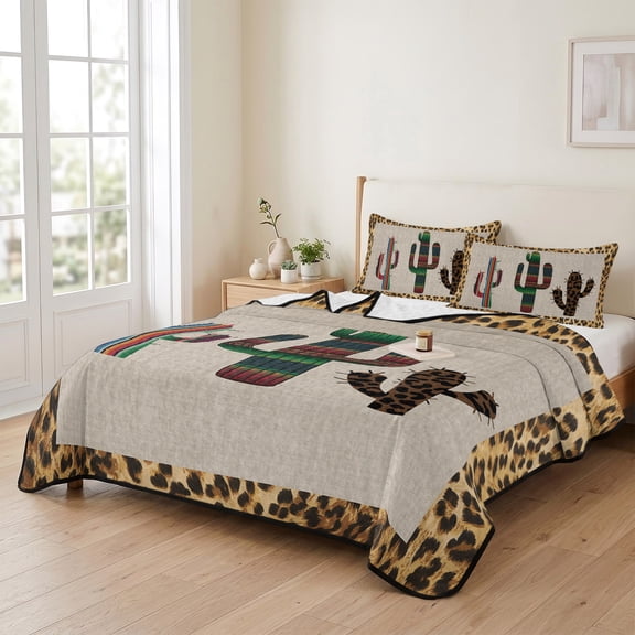 king Quilt Bedding Set, Colorful Art Cactus on Linen Texture Lightweight Coverlet Summer Comforter Set Soft Microfiber Bedspread, Animals Leopard Border 3 Piece Quilt Set with 2 Pillow Shams
