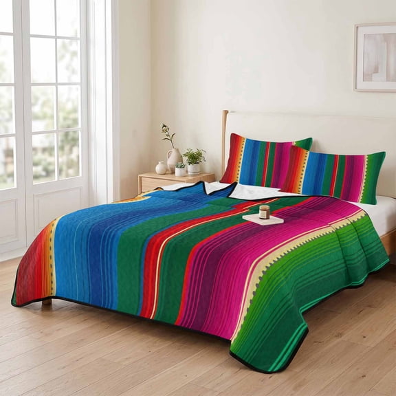 king Quilt Bedding Set, Colorful Mexican Stripes Lightweight Coverlet Summer Comforter Set Soft Microfiber Bedspread, Watercolor Gradient 3 Piece Quilt Set with 2 Pillow Shams All Seasons Use