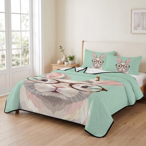 king Quilt Bedding Set, Country Rabbit on Green Lightweight Coverlet Summer Comforter Set Soft Microfiber Bedspread, Farmhouse Animal 3 Piece Quilt Set with 2 Pillow Shams All Seasons Use