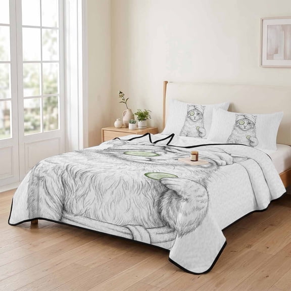 king Quilt Bedding Set, Cute Cat Sketch SPA Head Towel Lightweight Coverlet Summer Comforter Set Soft Microfiber Bedspread, Black White Animal Art 3 Piece Quilt Set with 2 Pillow Shams