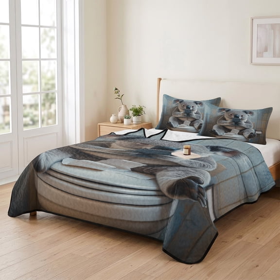 king Quilt Bedding Set, Cute Koala Sitting on The Toilet Lightweight Coverlet Summer Comforter Set Soft Microfiber Bedspread, Funny Animal Looking Phones 3 Piece Quilt Set with 2 Pillow Shams
