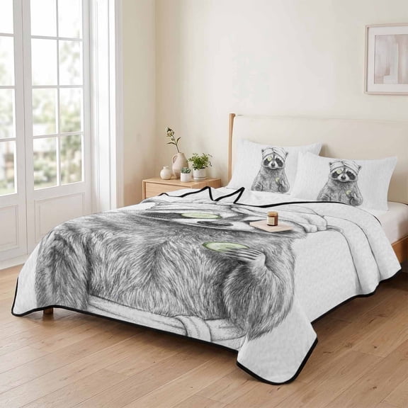 king Quilt Bedding Set, Cute Raccoon Abstract Art Lightweight Coverlet Summer Comforter Set Soft Microfiber Bedspread, Funny Animal Spa Bath Towel 3 Piece Quilt Set with 2 Pillow Shams