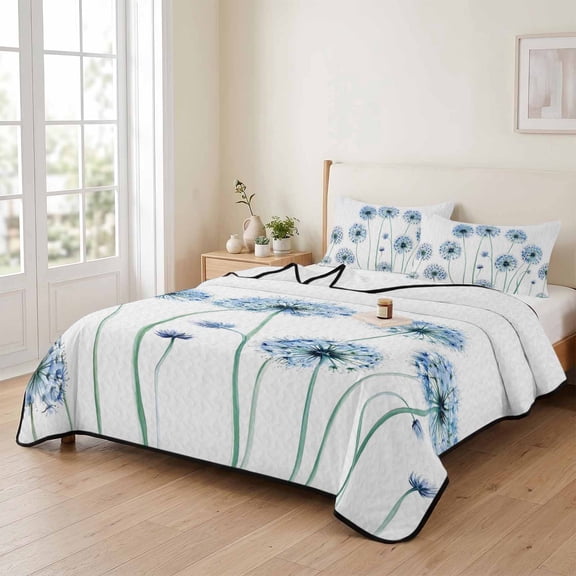 king Quilt Bedding Set, Dandelion Blue Flower Plant Lightweight Coverlet Summer Comforter Set Soft Microfiber Bedspread, Still Life on White 3 Piece Quilt Set with 2 Pillow Shams All Seasons Use