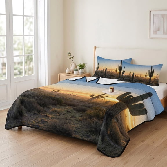 king Quilt Bedding Set, Desert Cactus Sunset Lightweight Coverlet Summer Comforter Set Soft Microfiber Bedspread, Tropical Plant Natural Scenery 3 Piece Quilt Set with 2 Pillow Shams All Seasons Use