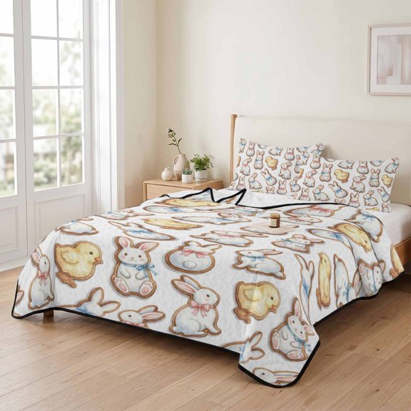 king Quilt Bedding Set, Easter Rabbit Chicken Lightweight Coverlet Summer Comforter Set Soft Microfiber Bedspread, Abstract Farmhouse Cartoon Animal 3 Piece Quilt Set with 2 Pillow Shams