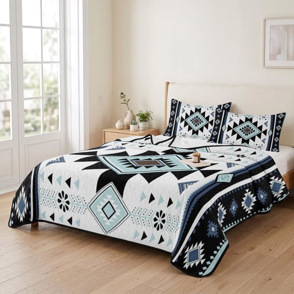 king Quilt Bedding Set, Ethnic Tribal Aztec Geometric Pattern Lightweight Coverlet Summer Comforter Set Soft Microfiber Bedspread, Blue Black White 3 Piece Quilt Set with 2 Pillow Shams