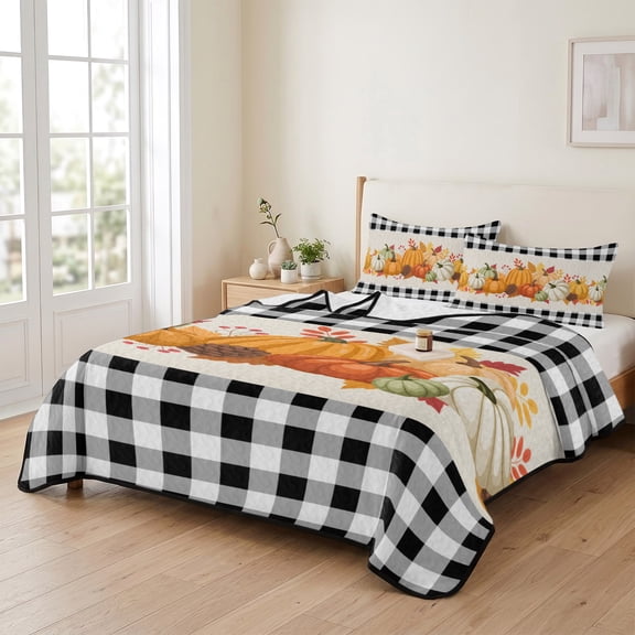 king Quilt Bedding Set, Fall Pumpkin Thanksgiving Black Plaid Lightweight Coverlet Summer Comforter Set Soft Microfiber Bedspread, Watercolor Maple Leaves Berry 3 Piece Quilt Set with 2 Pillow Shams