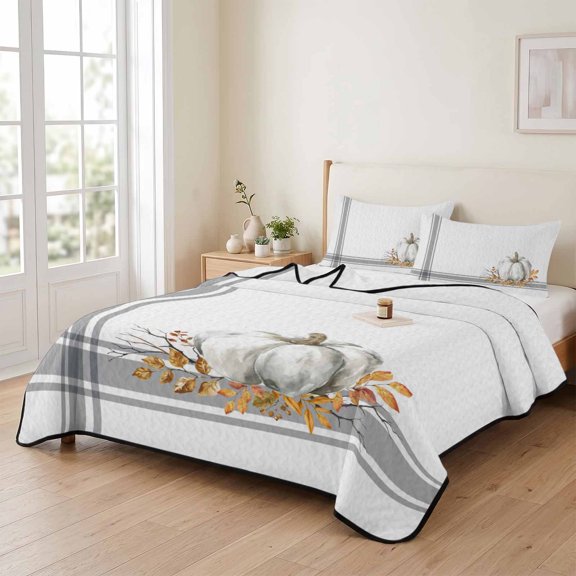 king Quilt Bedding Set, Fall Retro Pumpkin Orange Maple Leaf Lightweight Coverlet Summer Comforter Set Soft Microfiber Bedspread, Grey Stripe Happy Thanksgiving 3 Piece Quilt Set with 2 Pillow Shams