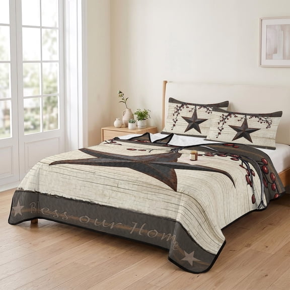 king Quilt Bedding Set, Farm Country Western Stars Berry Lightweight Coverlet Summer Comforter Set Soft Microfiber Bedspread, Rustic Wood Grain Bless Text 3 Piece Quilt Set with 2 Pillow Shams