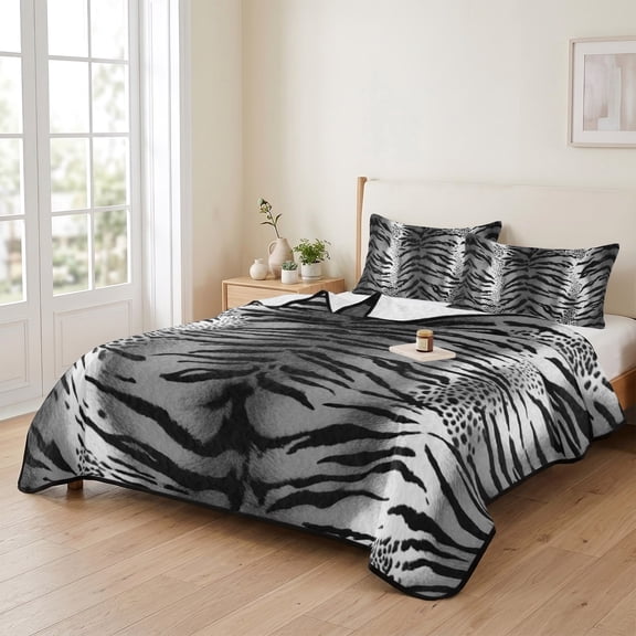 king Quilt Bedding Set, Farm Leopard Texture Lightweight Coverlet Summer Comforter Set Soft Microfiber Bedspread, Abstract Animal Print Black Stripe 3 Piece Quilt Set with 2 Pillow Shams