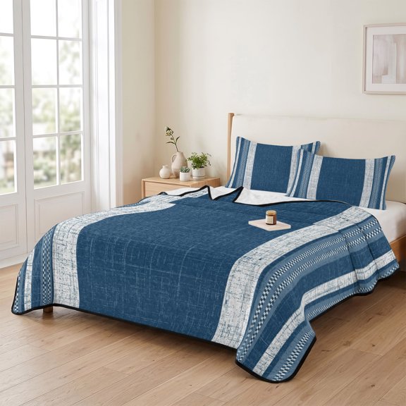king Quilt Bedding Set, Farm Retro Linen Burlap Texture Lightweight Coverlet Summer Comforter Set Soft Microfiber Bedspread, Geometric Navy Blue Stripes 3 Piece Quilt Set with 2 Pillow Shams
