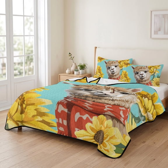 king Quilt Bedding Set, Farm Watercolor Sunflower Alpaca Lightweight Coverlet Summer Comforter Set Soft Microfiber Bedspread, Animal Floral on Teal 3 Piece Quilt Set with 2 Pillow Shams