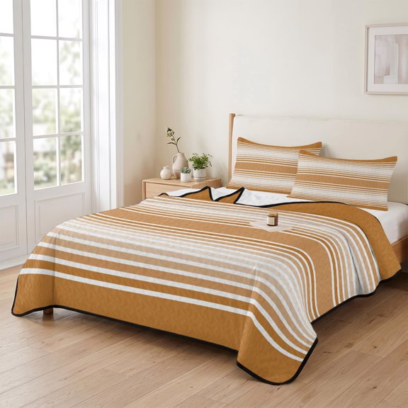 king Quilt Bedding Set, Farmhouse Amber Stripes Lightweight Coverlet Summer Comforter Set Soft Microfiber Bedspread, Earthy Lines 3 Piece Quilt Set with 2 Pillow Shams All Seasons Use