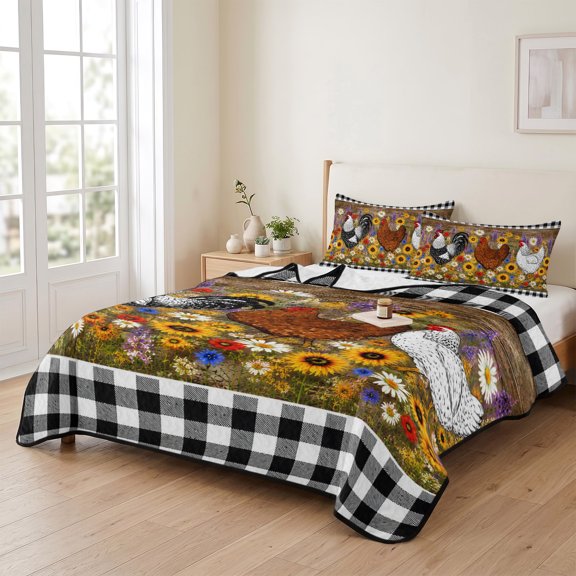 king Quilt Bedding Set, Farmhouse Rooster Sunflower Lightweight Coverlet Summer Comforter Set Soft Microfiber Bedspread, Rustic Hen Wildflower Wood Plank 3 Piece Quilt Set with 2 Pillow Shams