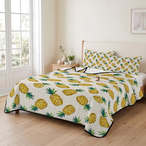 king Quilt Bedding Set, Fruit Pineapple Pattern Lightweight Coverlet Summer Comforter Set Soft Microfiber Bedspread, Retro Linen Background 3 Piece Quilt Set with 2 Pillow Shams All Seasons Use